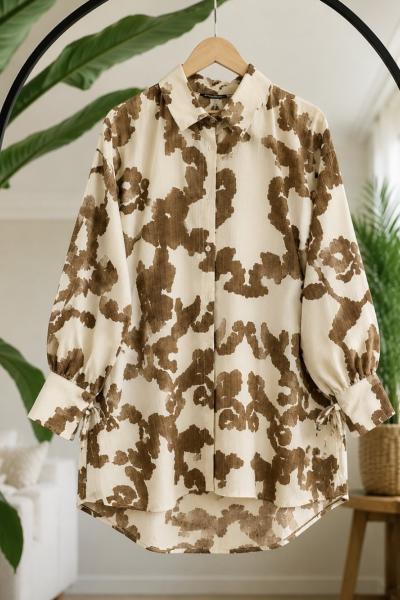 Kal Bağcıklı Desenli Keten Tunik camel NEW30303