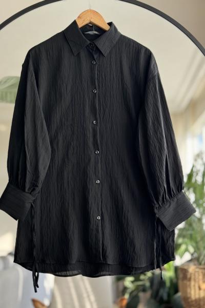 Kal bağcıklı dokuma Keten ayrobin Tunik Siyah NEW30302