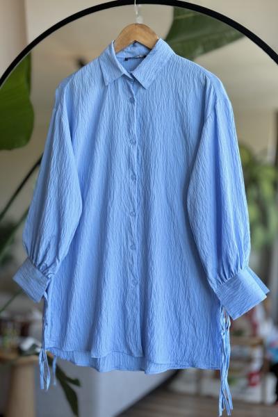 Kal bağcıklı  dokuma Keten ayrobin  Tunik Mavi NEW30302