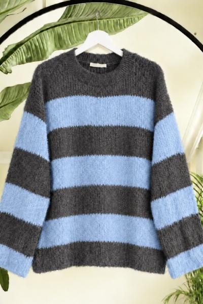 Kalın çizgili Yumoş triko Tunik Mavi SL17653