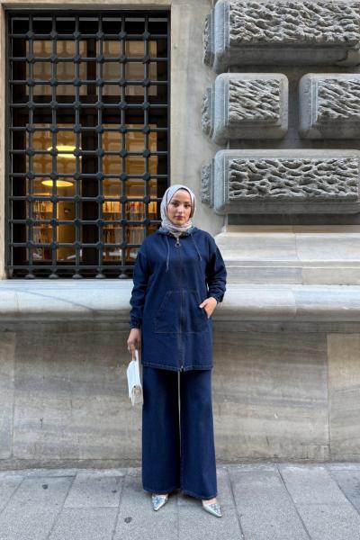 Kanguru cepli kapşonlu kot takım Lacivert YR30546