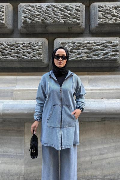 Kanguru cepli kapşonlu kot takım mavi YR30546