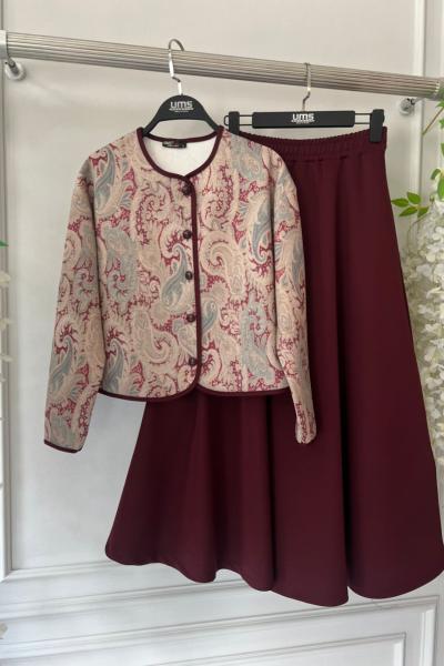 Kapitone ceketli etnik desen  Takım  Bordo UMS50318
