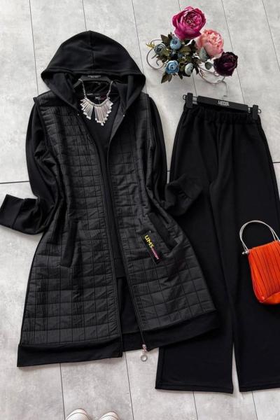 Kapitone iki iplik  garnili üçlü takım Siyah UMS5007