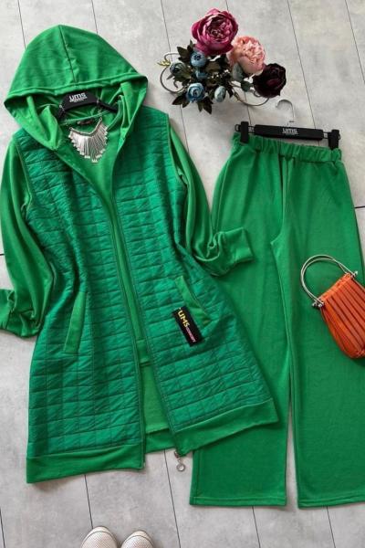 Kapitone iki iplik  garnili üçlü takım Yeşil  UMS5007