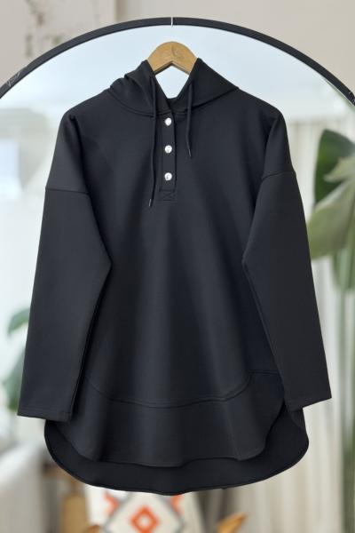 Kapşonlu Düğmeli Tunik Siyah BK9513