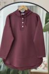 Kapşonlu Düğmeli Tunik Bordo BK9513