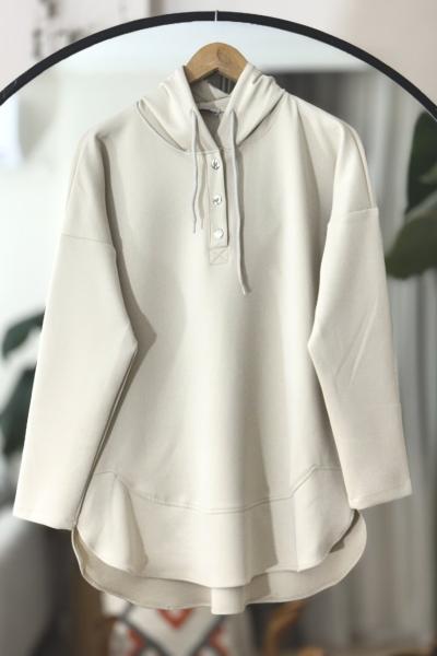 Kapşonlu Düğmeli Tunik Bej  BK9513