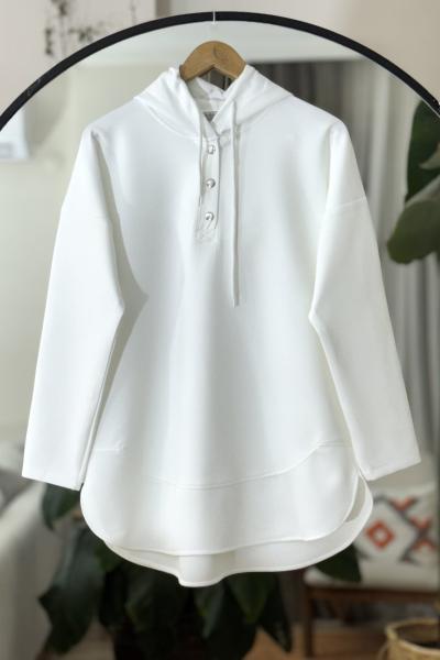 Kapşonlu Düğmeli Tunik  Beyaz BK9513