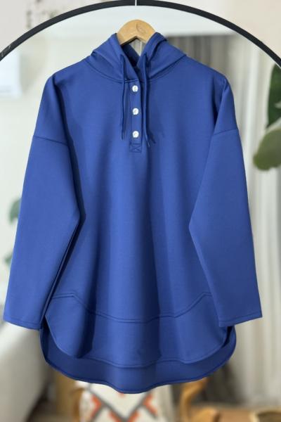 Kapşonlu Düğmeli Tunik  İndigo  BK9513
