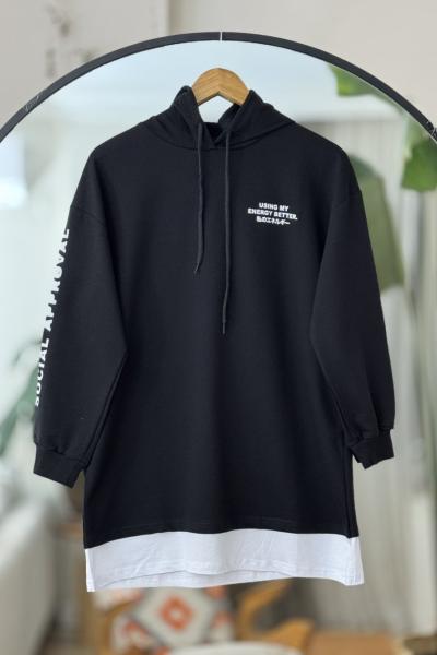 KAPŞONLU KOL BASKILI  İKİİPLİK TUNİK siyah ADY30102