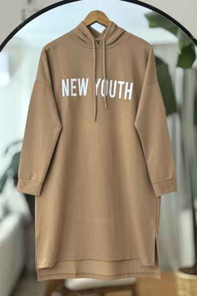 Kapşonlu Newyouth iki iplik tunik camel ADY3018