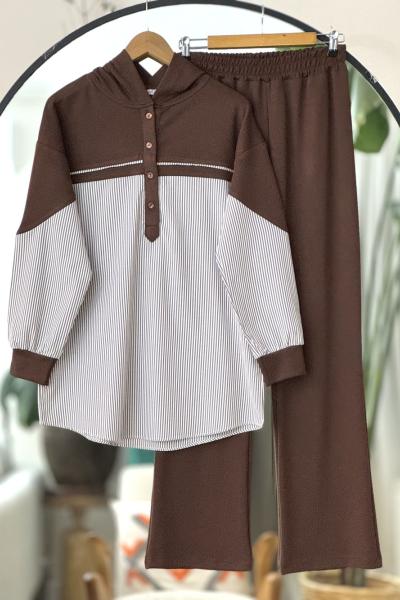 Kapşonlu gömlek yakalı Oysh Takım Kahve UMS50321