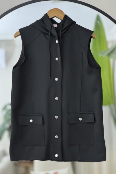 Kapşonlu cepli citcitli Yelek Siyah BK9519