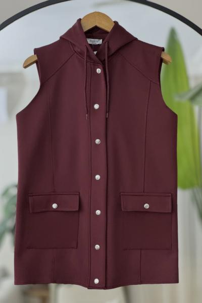 Kapşonlu cepli citcitli Yelek Bordo BK9519