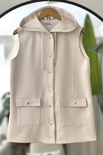 Kapşonlu cepli citcitli Yelek Bej BK9519