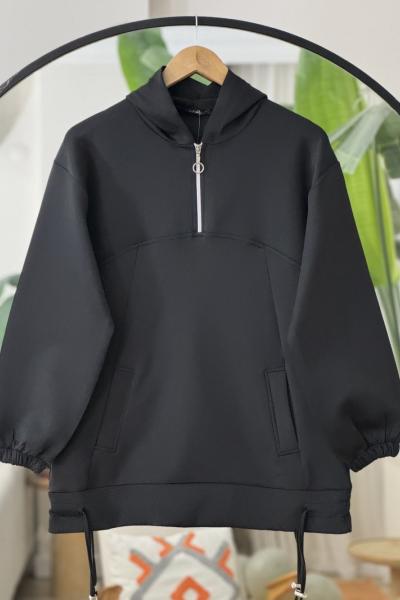 Kapşonlu Yarım fermuarlı ipli Tunik Siyah TCN40120