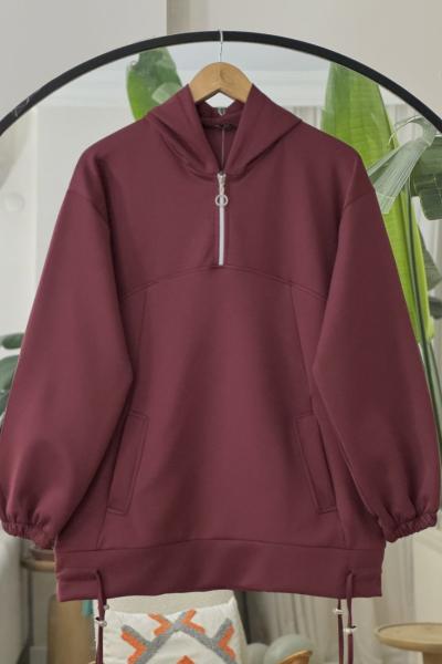 Kapşonlu Yarım fermuarlı ipli Tunik Bordo TCN40120