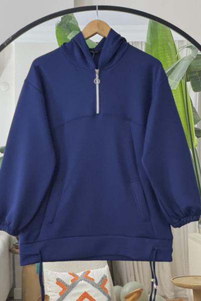 Kapşonlu Yarım fermuarlı ipli Tunik Lacivert TCN40120