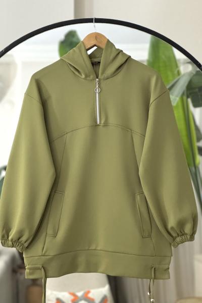 Kapşonlu Yarım fermuarlı ipli Tunik Yeşil TCN40120