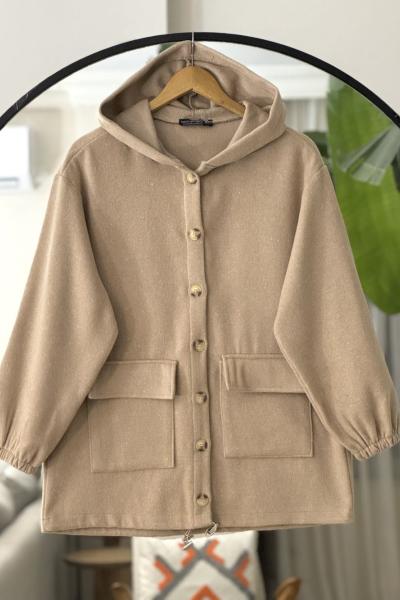 Kapşonlu cepli Kaşe kap Camel NW6064