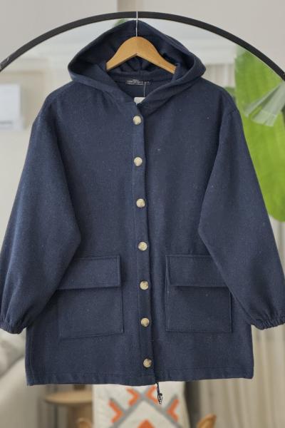 Kapşonlu cepli Kaşe kap Lacivert NW6064