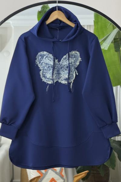 Kapşonlu önü kot Detaylı Tunik İndigo  TCN40123