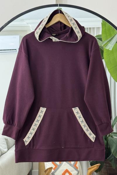 Kapşonlu cepli Nakış işlemeli Tunik Mürdüm TCN40124