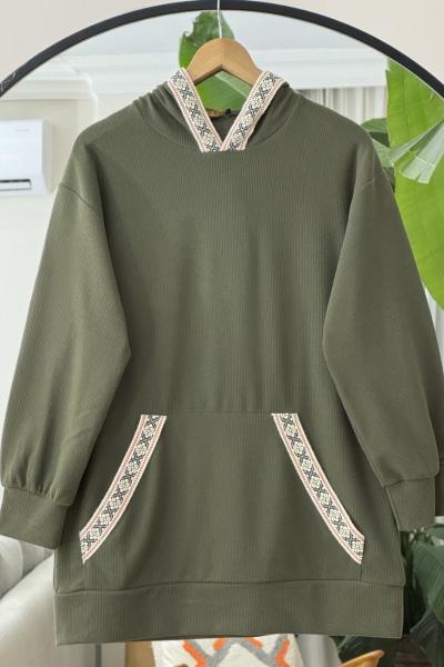 Kapşonlu cepli Nakış işlemeli Tunik Yeşil TCN40124