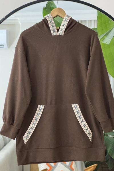 Kapşonlu cepli Nakış işlemeli Tunik Kahve TCN40124