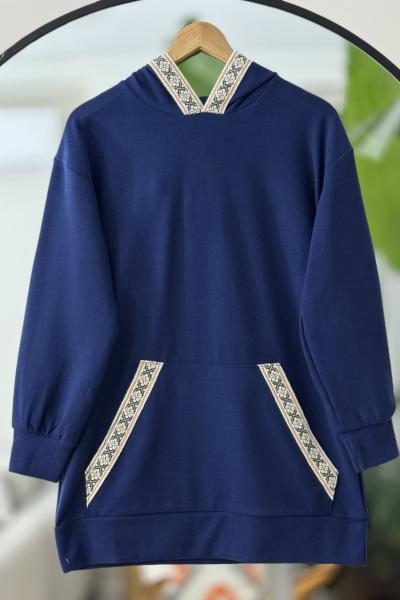 Kapşonlu cepli Nakış işlemeli Tunik İndigo TCN40124