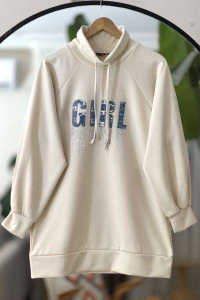 Kapşonlu taşişleme detaylı Tunik Bej TCN40127