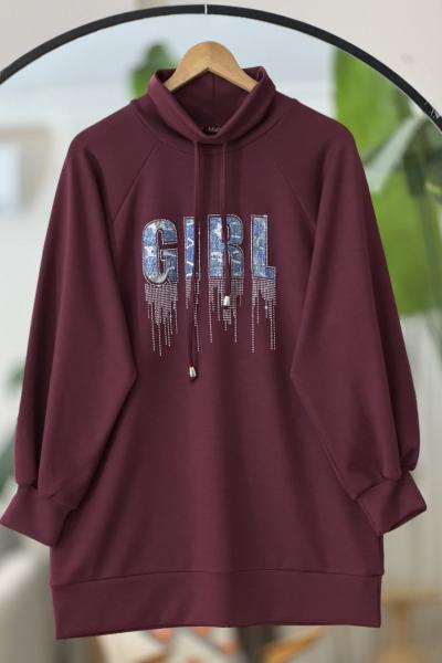 Kapşonlu taşişleme detaylı Tunik Bordo TCN40127