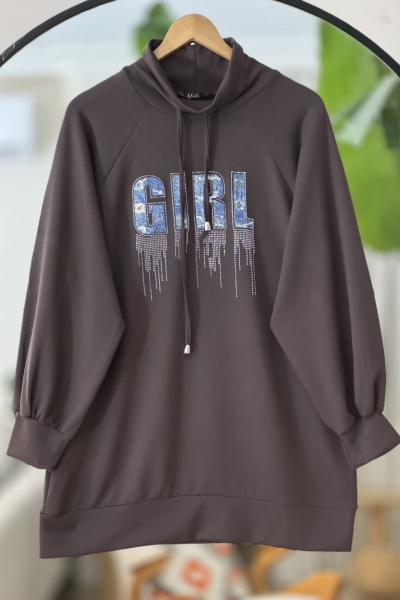 Kapşonlu taşişleme detaylı Tunik Kahve TCN40127