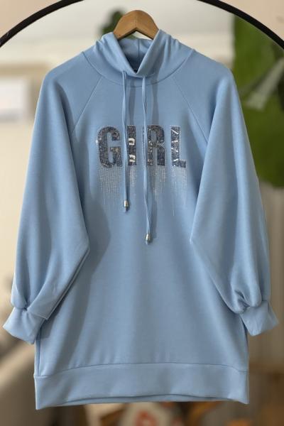 Kapşonlu taşişleme detaylı Tunik Mavi TCN40127