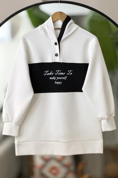 Kapşonlu ön ve kopşon siyah şeritli Tunik Siyah TCN40128