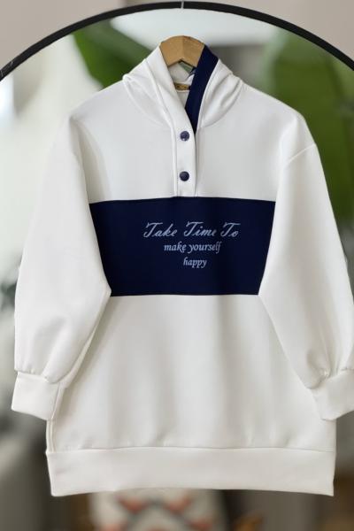 Kapşonlu ön ve kopşon siyah şeritli Tunik Lacivert TCN40128