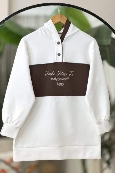 Kapşonlu ön ve kopşon siyah şeritli Tunik Kahve TCN40128