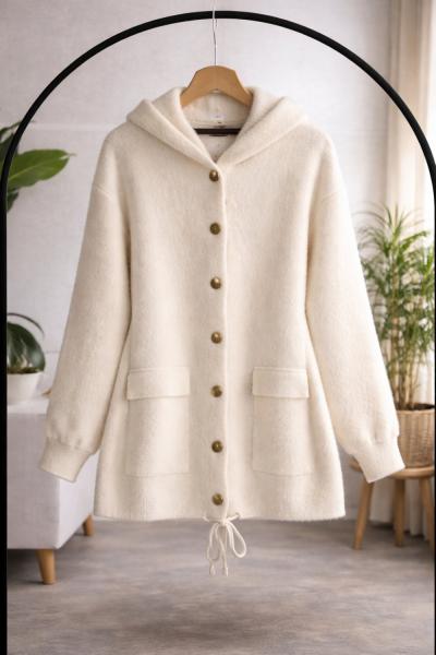 Kapşonlu metal düğmeli Sakallı Hırka Ekru TCN40150