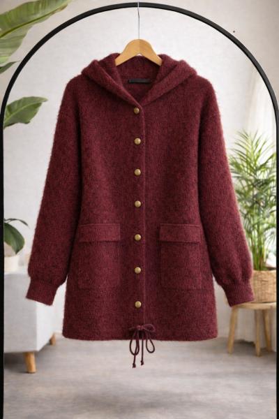 Kapşonlu metal düğmeli Sakallı Hırka Bordo TCN40150