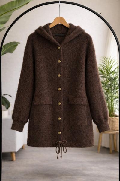 Kapşonlu metal düğmeli Sakallı Hırka Kahve  TCN40150