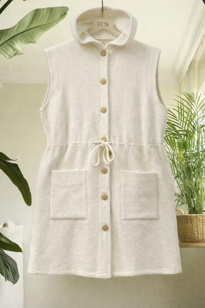 Kapşonlu  belden bağcıklı triko yelek Ekru TCN40153