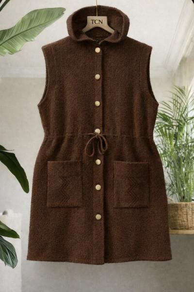 Kapşonlu  belden bağcıklı triko yelek Kahve TCN40153