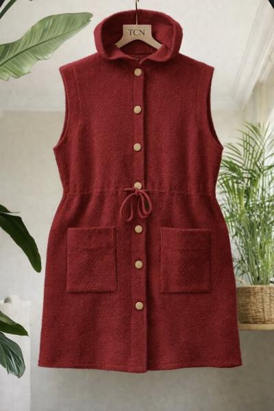 Kapşonlu  belden bağcıklı triko yelek Bordo TCN40153