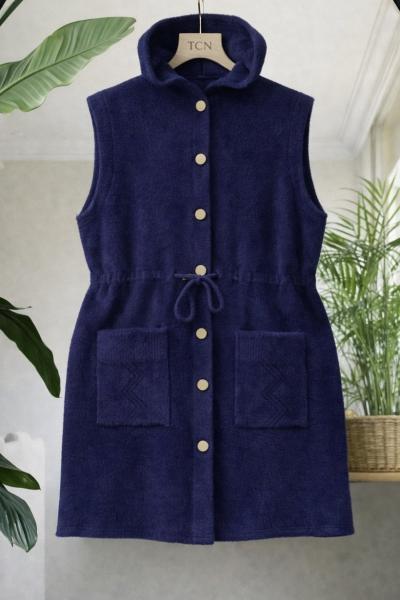 Kapşonlu  belden bağcıklı triko yelek İndigo TCN40153