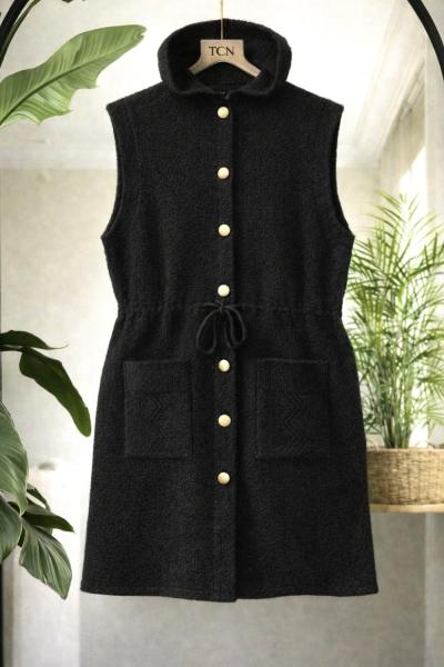 Kapşonlu  belden bağcıklı triko yelek  Siyah  TCN40153