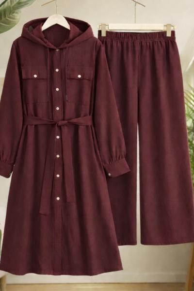 Kapşonlu Tamboy Kap pantolon Takım Bordo TC40169