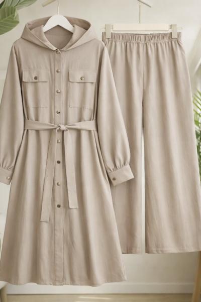 Kapşonlu Tamboy Kap pantolon Takım Bej TC40169