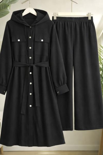 Kapşonlu Tamboy Kap pantolon Takım Siyah TC40169