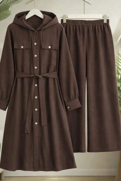 Kapşonlu Tamboy Kap pantolon Takım Kahverengi TC40169